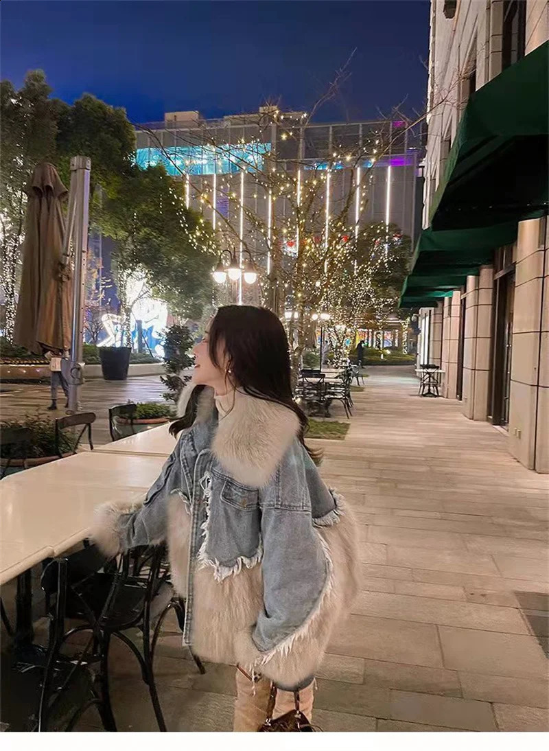 2024 Autumnwinter Faux Fur Parka Coat with Thick Fleece Denim Jacket for Womens Clothing 241008
