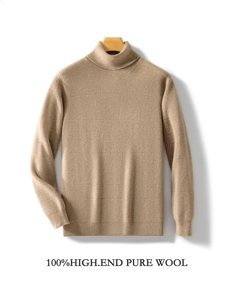100 Pure Merino Wool Pullover 2024 AutumnWinter Mens Turtleneck Business Casual Cashmere Sweater Loose Solid Color Tops 240930