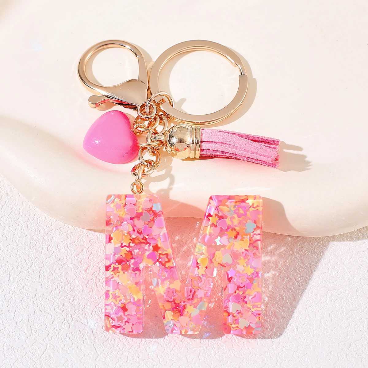 Pink English letter keychain with tassel Love keychain Crystal drop glue initial pendant girls backpack hanging holiday giftX241008