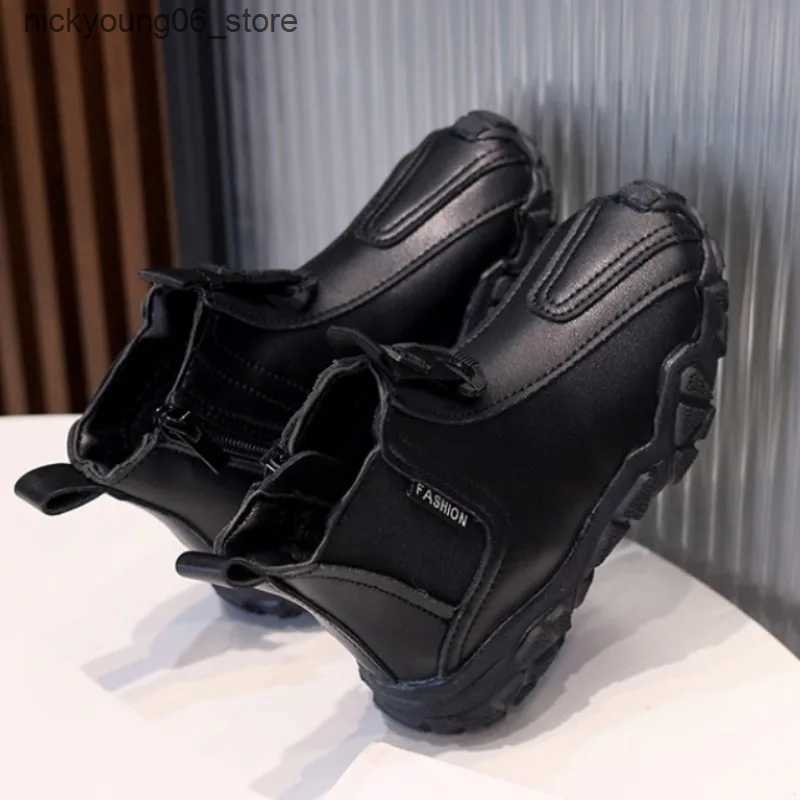 Boots Kids Leather Boots High Quality Plus Cotton Warm Winter Snow Boot Black Non-slip Soft Sole Boy Shoes Zipper Children Ankle Boots L240910