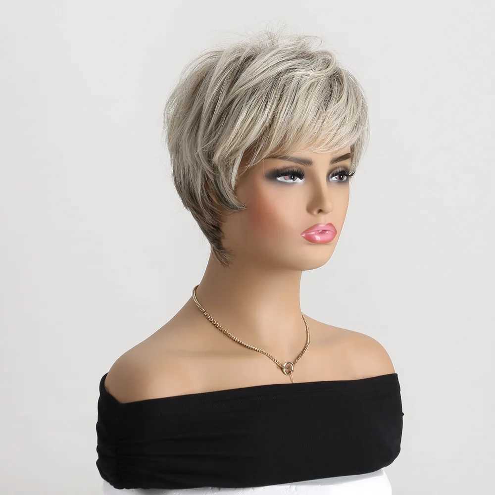 Short Wig Brown Mixed Blonde Synthetic Wigs Straight For Women Hair With Bangs Hair Breathable Rose Mesh Daily Party Cosplay UseXJ241008