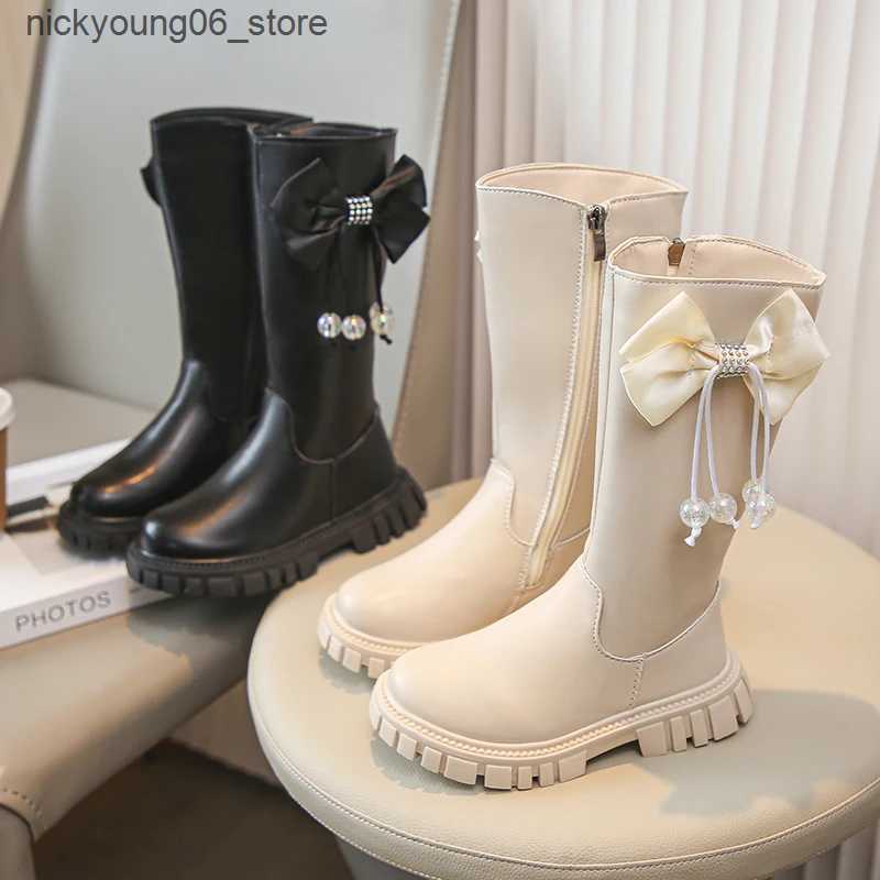 Boots Childrens Autumn Boots Solid Color Girls High Boots School Black Beige Versatile Kids Tassels Long Boots Matte Leather Zipper L240910