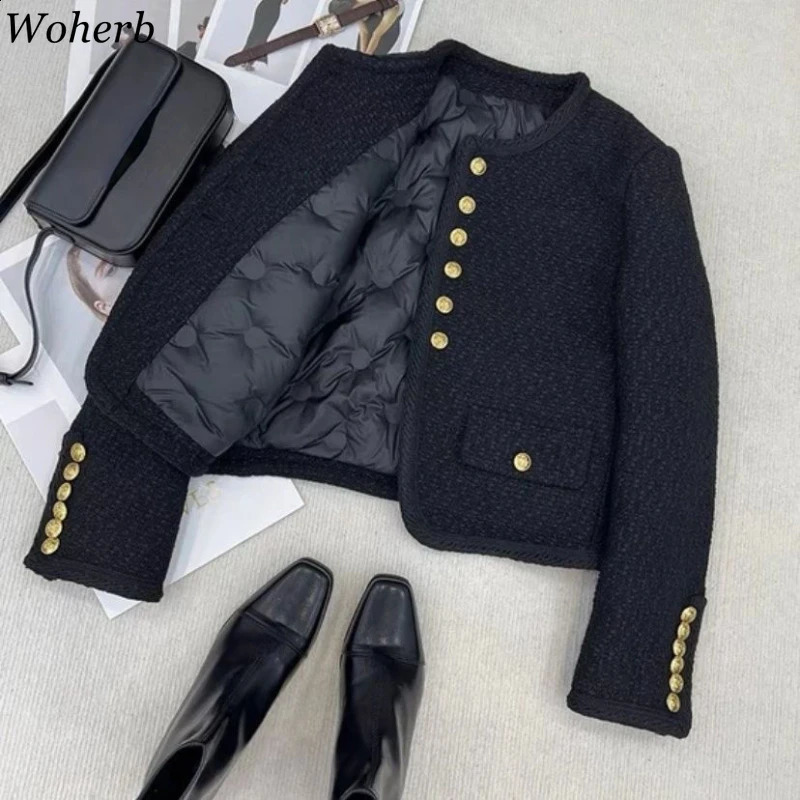2024 Women Clothing Temperament Jackets O-neck Long Sleeve Tweed Jacket Crop Tops Ropa Mujer Fashion Vintage Thicked Korean Coat 241008