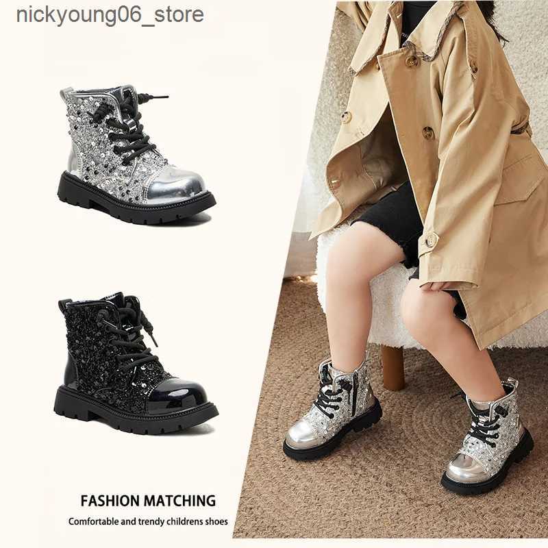 Boots 2024 Autumn New Girls Ankle Boot Sequins Versatile Kids School Black Boots Fashion Causal Children Leather Boots soft sole L240910