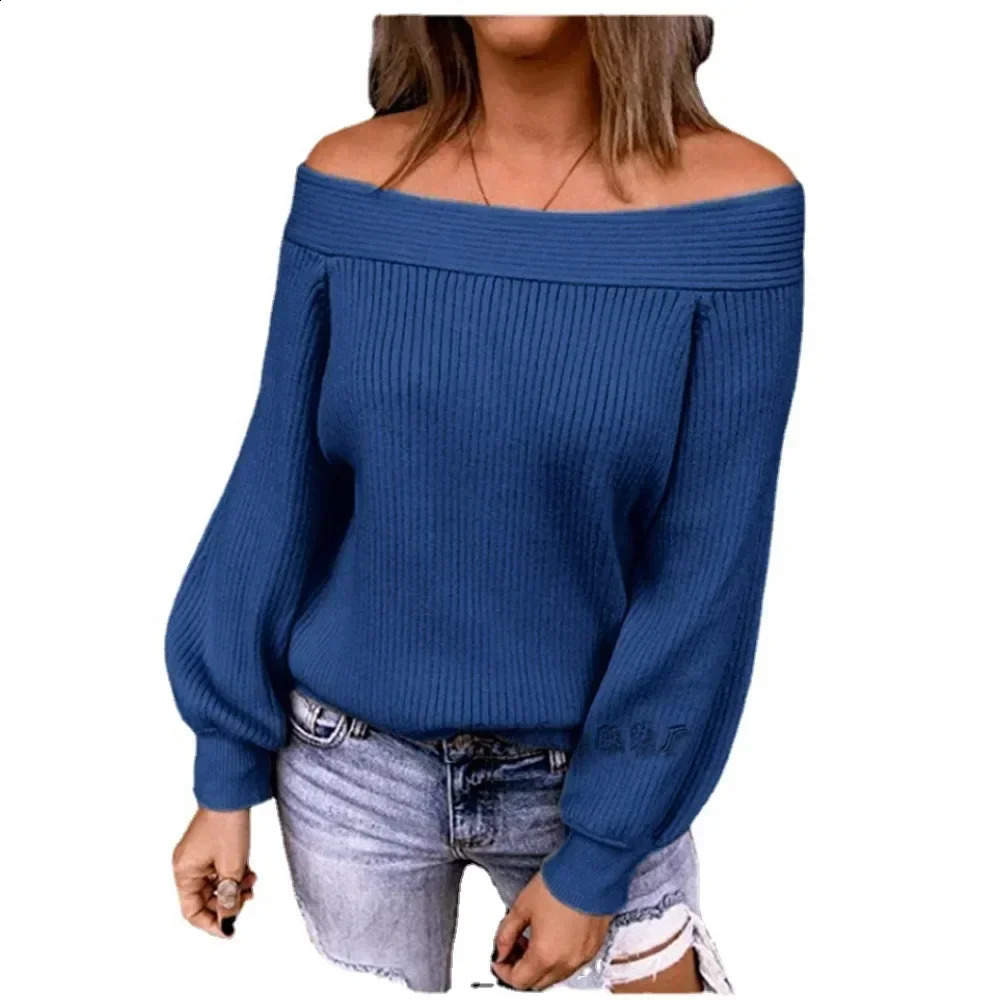 Shoulder plus elegant loose knit shirt automatic and winter single neck solid color pullover womens sweater 240927
