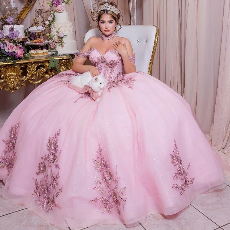 Pink Sweetheart Shiny Quinceanera Dresses Ball Gown Vestidos De 15 Anos Applique Lace Beaded Crystal Tull Prom Party Dress Sweet 16 Dress
