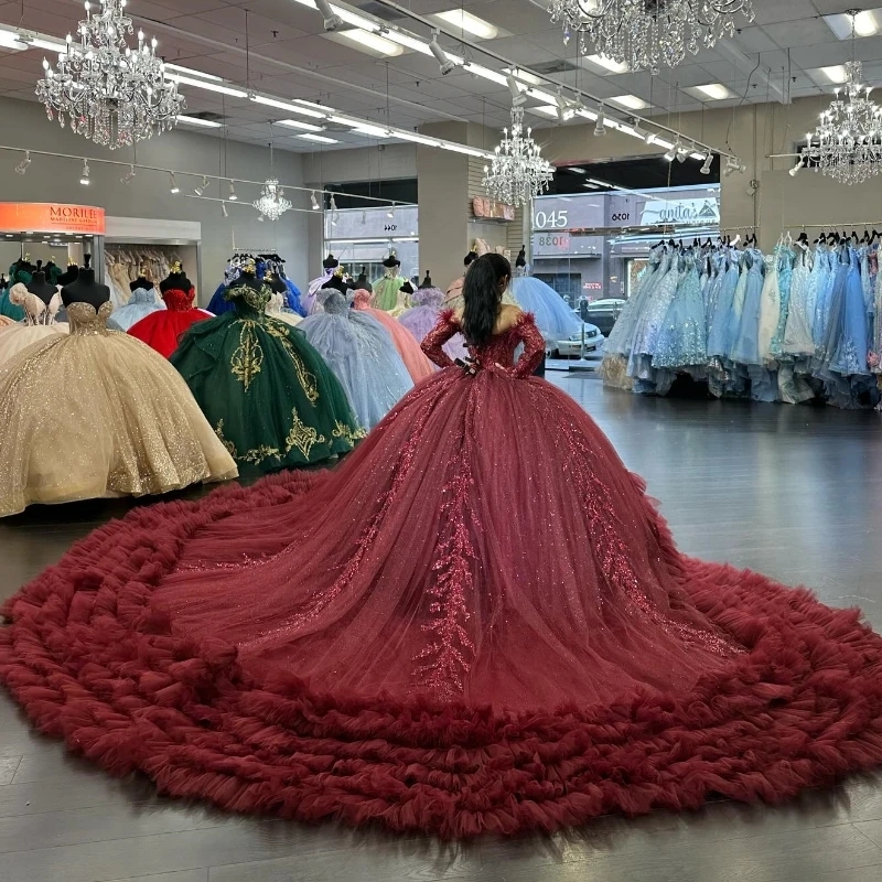 Red Princess Quinceanera Dresses Off Shoulder Applique Lace Beads Tull Tiered Lace-Up Corset Vestidos De 15 Anos Sweet 16 Dress