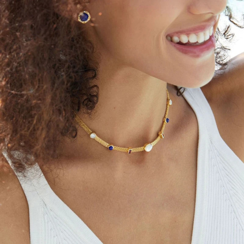 Natural lapis lazuli white shell 925 silver gold-plated pendant necklace for women zircon French necklace 240925