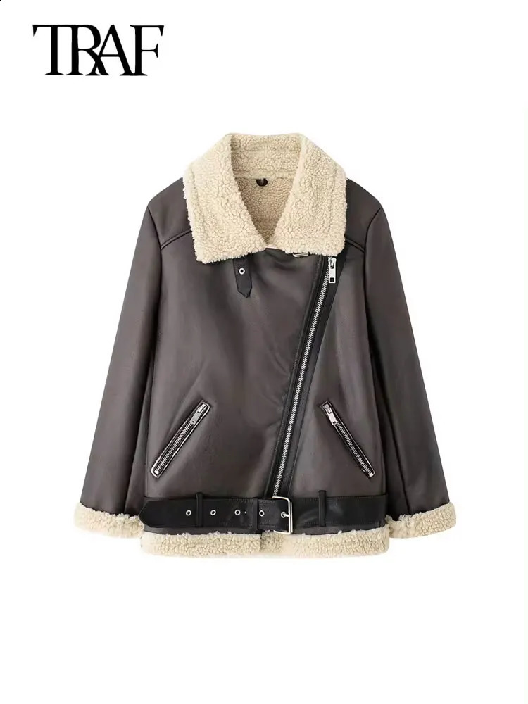 TRAF womens synthetic leather suede jacket with belt long sleeved jacket thick warm womens clothing fashionable top winter fashion 241007