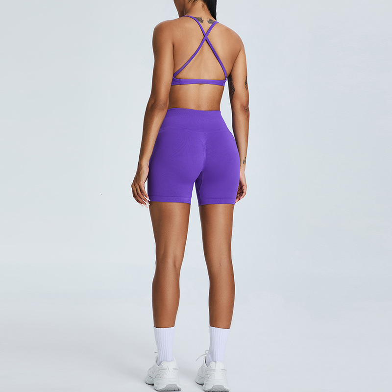 New Seamless Suit for Women's Peach Hip Lift Yoga Shorts Cross Back Running Set