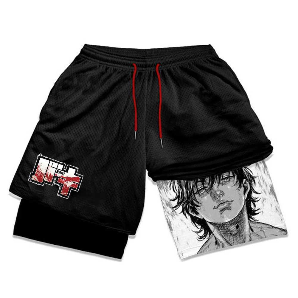 Baki Hanma Anime Gym Shorts Mens Manga 3D Printing 2-in-1 Performance Shorts for Exercise Fast Drying Exercise Compression Shorts SummerW240713