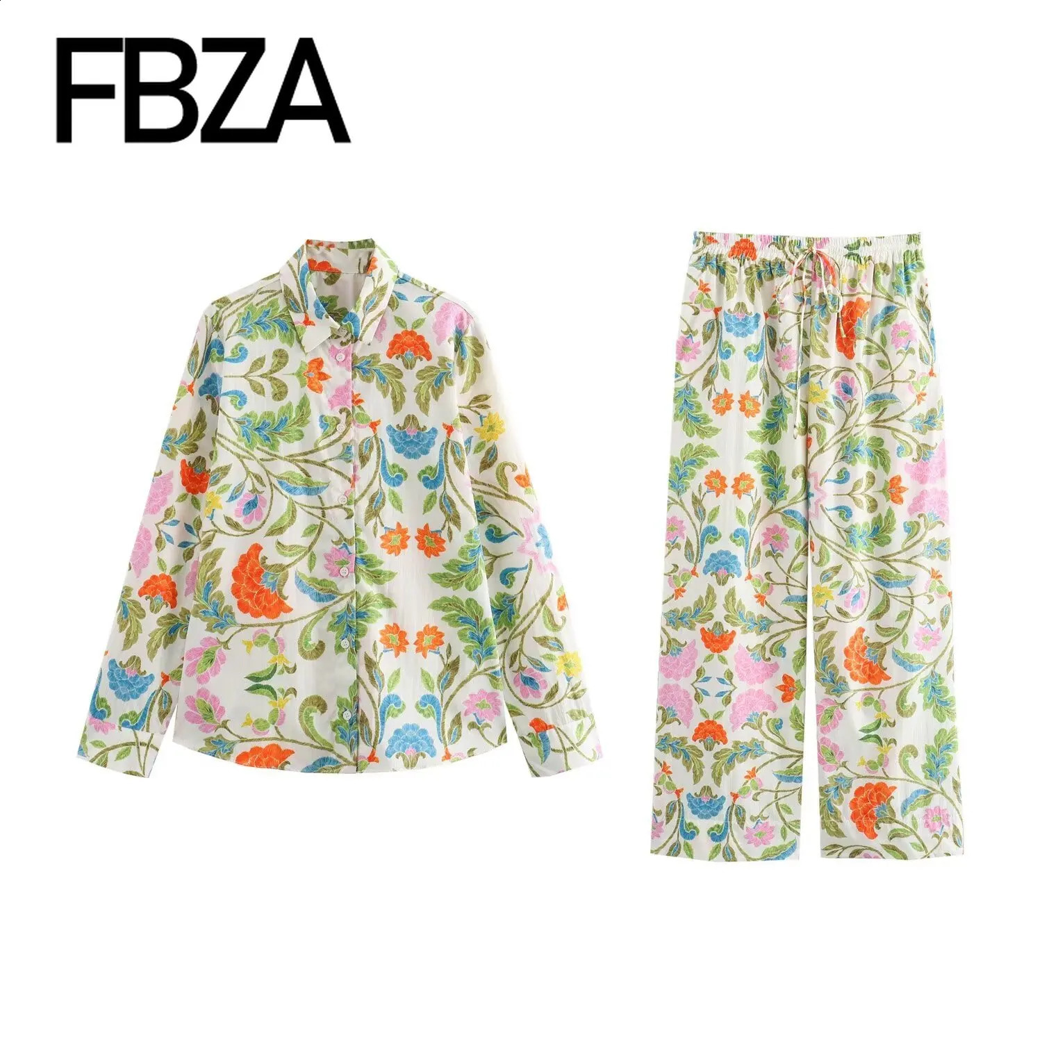 TRAF Womens Fashion Printed Long Sleeve Single breasted Collar Shirt High Waist Pants Two Piece Set 241008