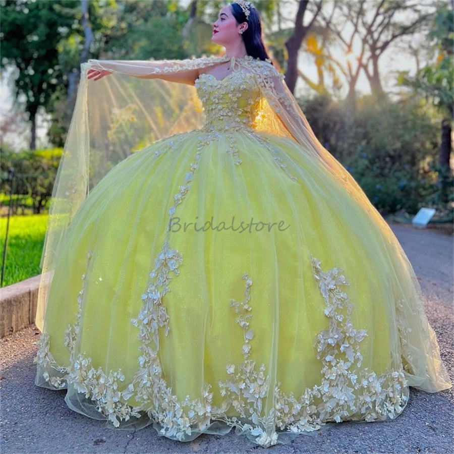 Luxury Yellow Quinceanera Dresses With Cape Dubai Appliques Lace Vestido De 15 Anos 3D Florals Fifteen Birthday Dress Elegant Princess Vestidos De Xv 