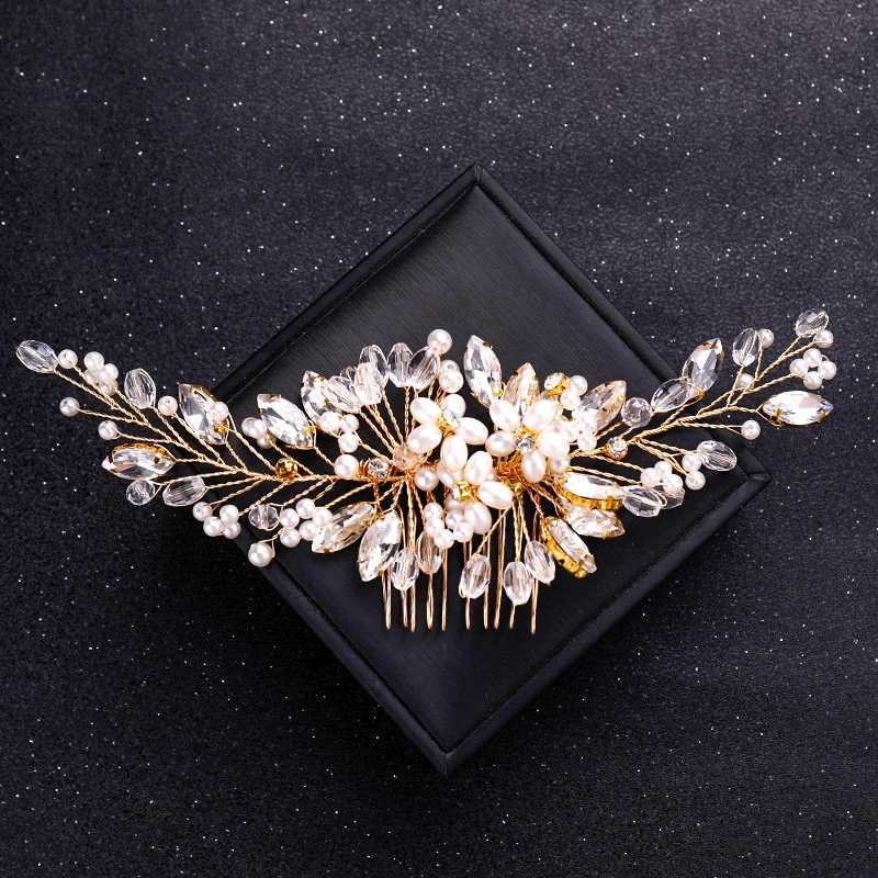 Golden crystal pearl hair comb headband for women bridal party bridal wedding hair accessories jewelry comb headband W241007