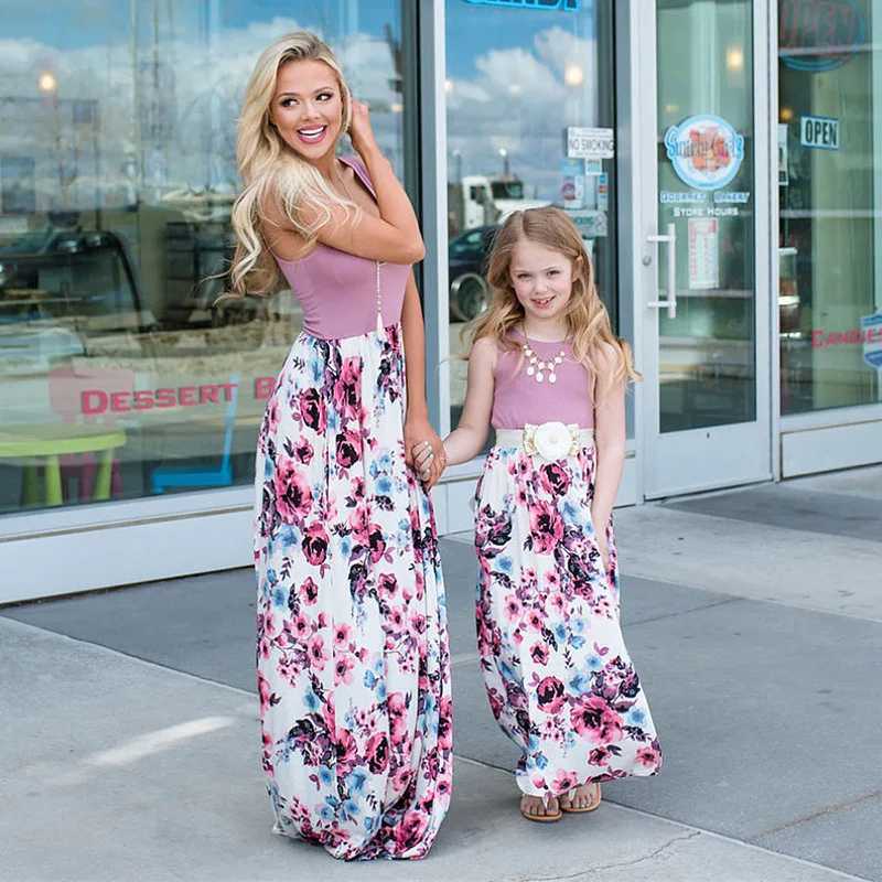 Summer Mother and Daughter Flower Long Dresses Beach Party Bohemia Maxi Dress Sundress Outfits Cotton Beachwear for Parent-ChildXJ241008