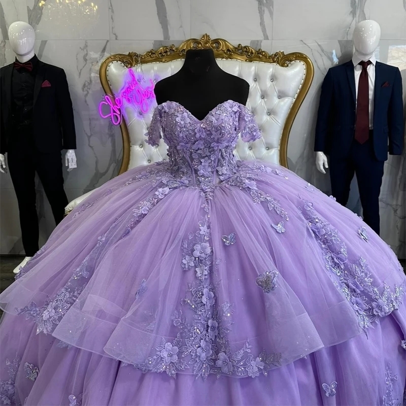 Lavender Shiny Sweetheart Quinceanera Dresses Off The Shoulder Applique Lace Bow Beads Tull Sweet 16 Dress Birthday Party Ball Gowns Vestidos De 15 An