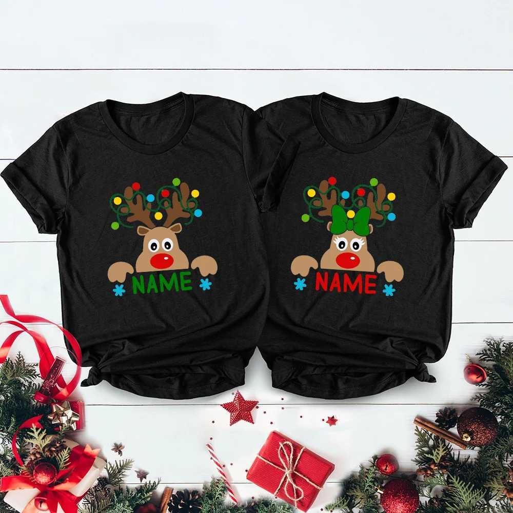 Match Christmas Family Shirt Custom Name Reindeer Graphic T-shirt for Personalized Family Holiday Mom and Dad My Shirt W241008