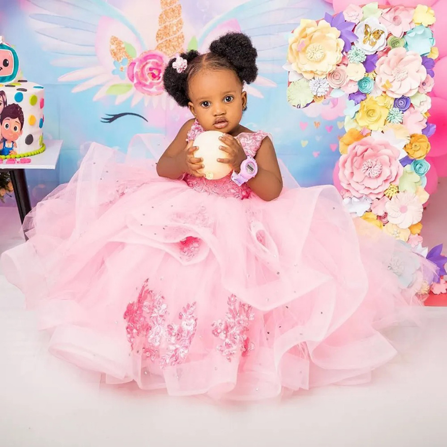 Pink Little Kids' Birthday Party wer Girl Dresses Beaded Tiered Tulle wergirl Dress Appliqued Lace Princess Queen Ball Gowns For Marriage