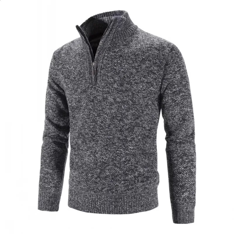 Autumn Winter Thick Knitted Sweater Men Pullovers Solid Color Zipper Mock Neck Slim Fit Knit Causal Man 240930
