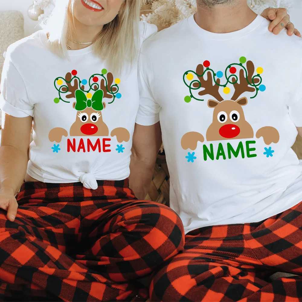 Match Christmas Family Shirt Custom Name Reindeer Graphic T-shirt for Personalized Family Holiday Mom and Dad My Shirt W241008