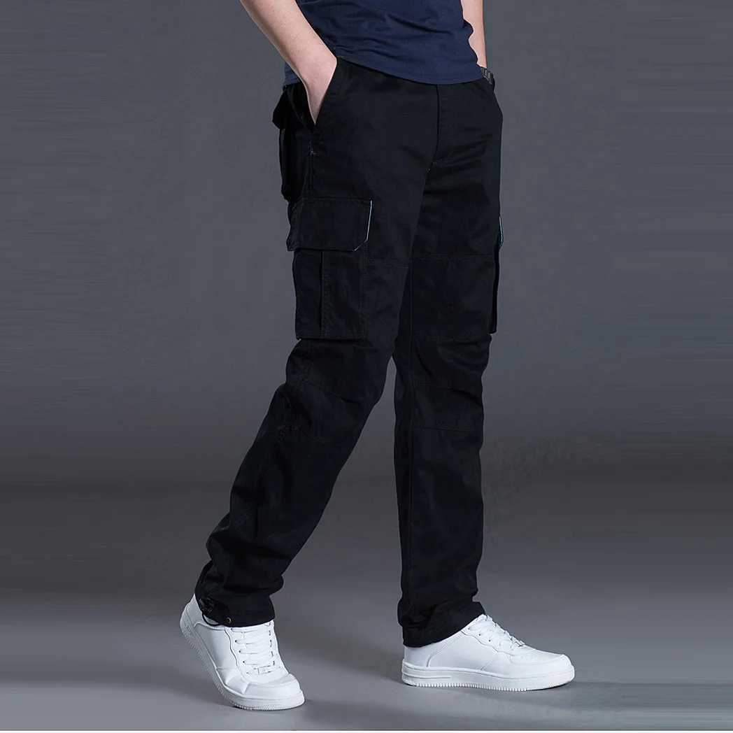 Large Pocket Loose Overalls Mens Outdoor Sports Jogging Tactical Pants Elastic Waist Pure Cotton Casual Work PantsX241008