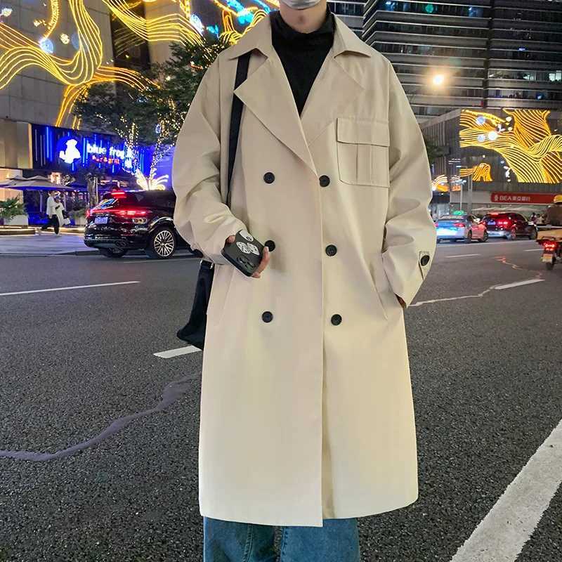 Korean style autumn new Trench Coat mens pocket decoration street trench coat mens solid casual loose office coat W241007