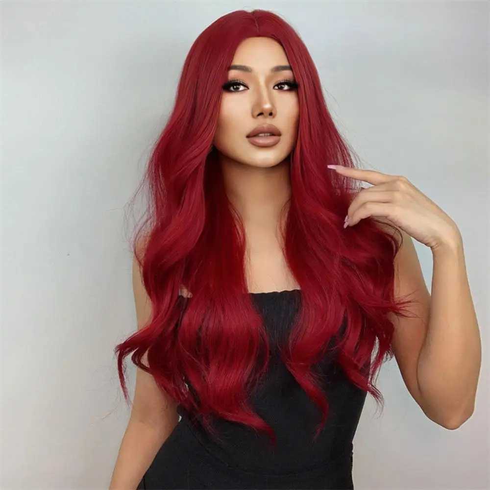 Long Curly Red Synthetic Wig Middle Part Fluffy Big Wave Wig Ladies High Temperature Silk Heat Resistant Daily Party UseXJ241008