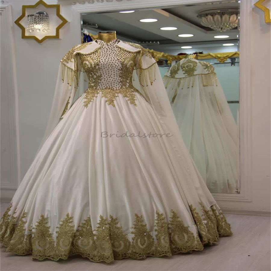 Gorgeous Turkish Wedding Dresses With Cape Moroccan Fantasy Aesthetic Pakistani Bride Dress Gold Appliques Beaded Arabic Bridal Dress Dubai Robe De Ma