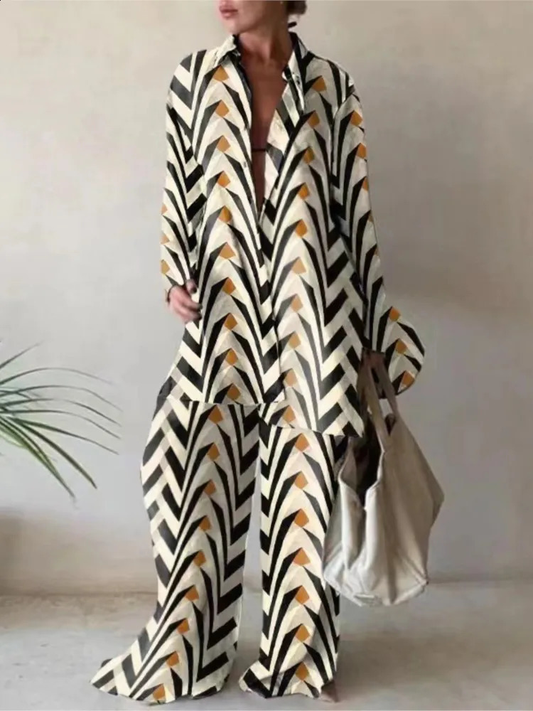 Women set Autumn Long Sleeve Lapel Printed Casual Fashion Elegant Beach Loose Wide Legs Trousers Ladies Two Piece Suits MsChuh 241007