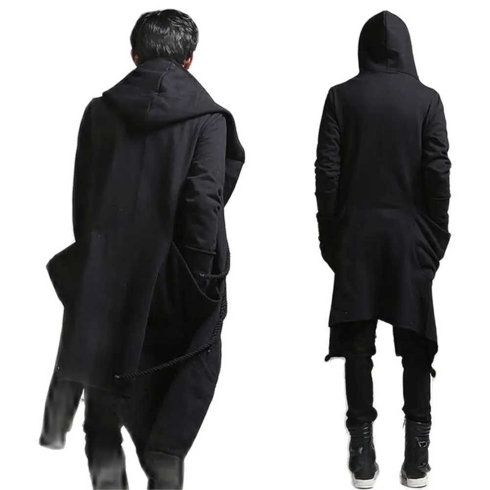 Autumn/Winter Mens Punk Hip Hop Slimming Long Trench Coat Hoodie Cardigan Mens Linen Rope Design Gothic Jacket Coat W241007