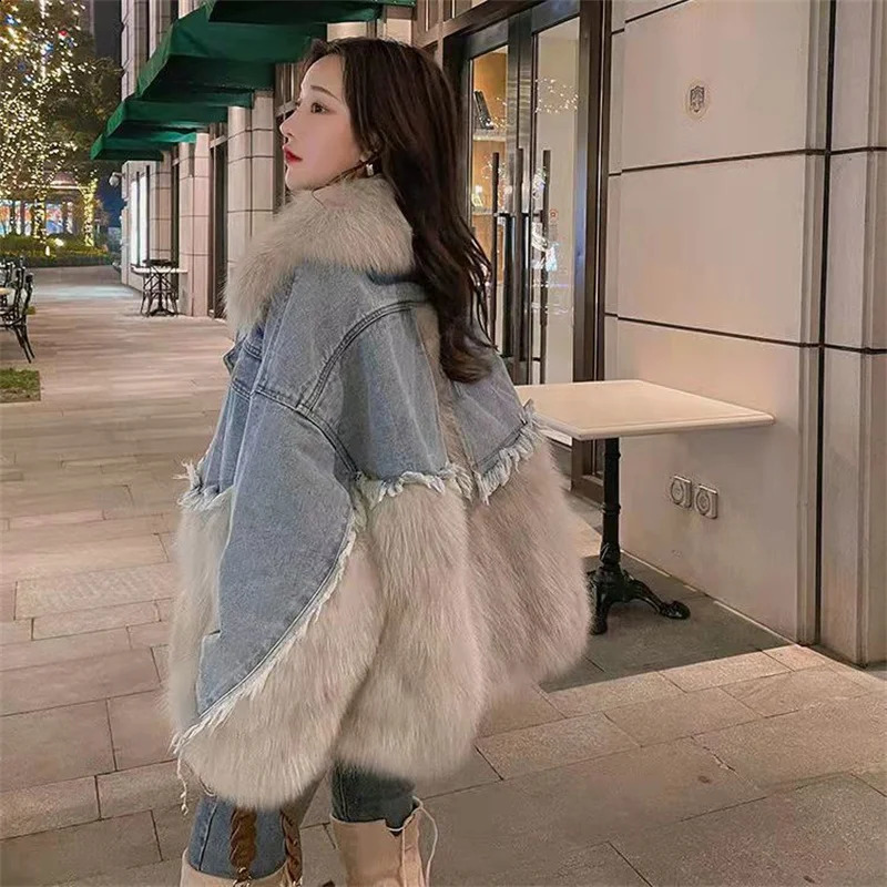 2024 Autumnwinter Faux Fur Parka Coat with Thick Fleece Denim Jacket for Womens Clothing 241008