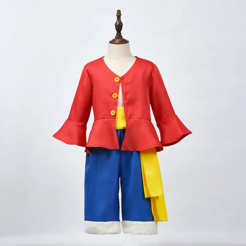 Kids Anime Luffy Cosplay Costume with Straw Hat for Boys Halloween Carnival Uniform Coat Pants Belt Full Set Dress Up 240929