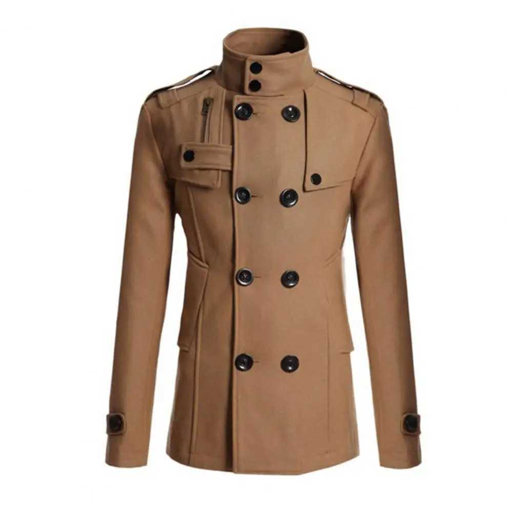 Mens windproof coat solid color double-layer wool coat formal business winter coat casual work clothes W241007