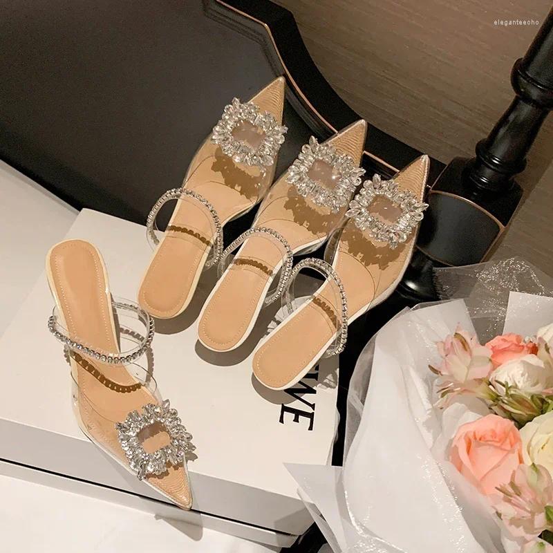 Women's Casual Pointed-Toe Mule Sandals, PVC Upper With Genuine Leather Lining - 5-8 cm Chunky Block Heels, Beaded Cross-Tied Back-Strap Slip-On Shoes - view 5