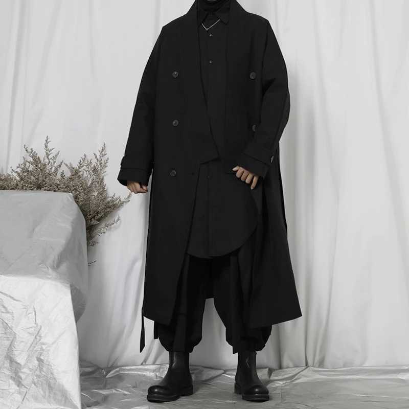 Mens long loose tie windbreaker 2022 spring fashion city trend new large double row button long knee casual jacket W241007