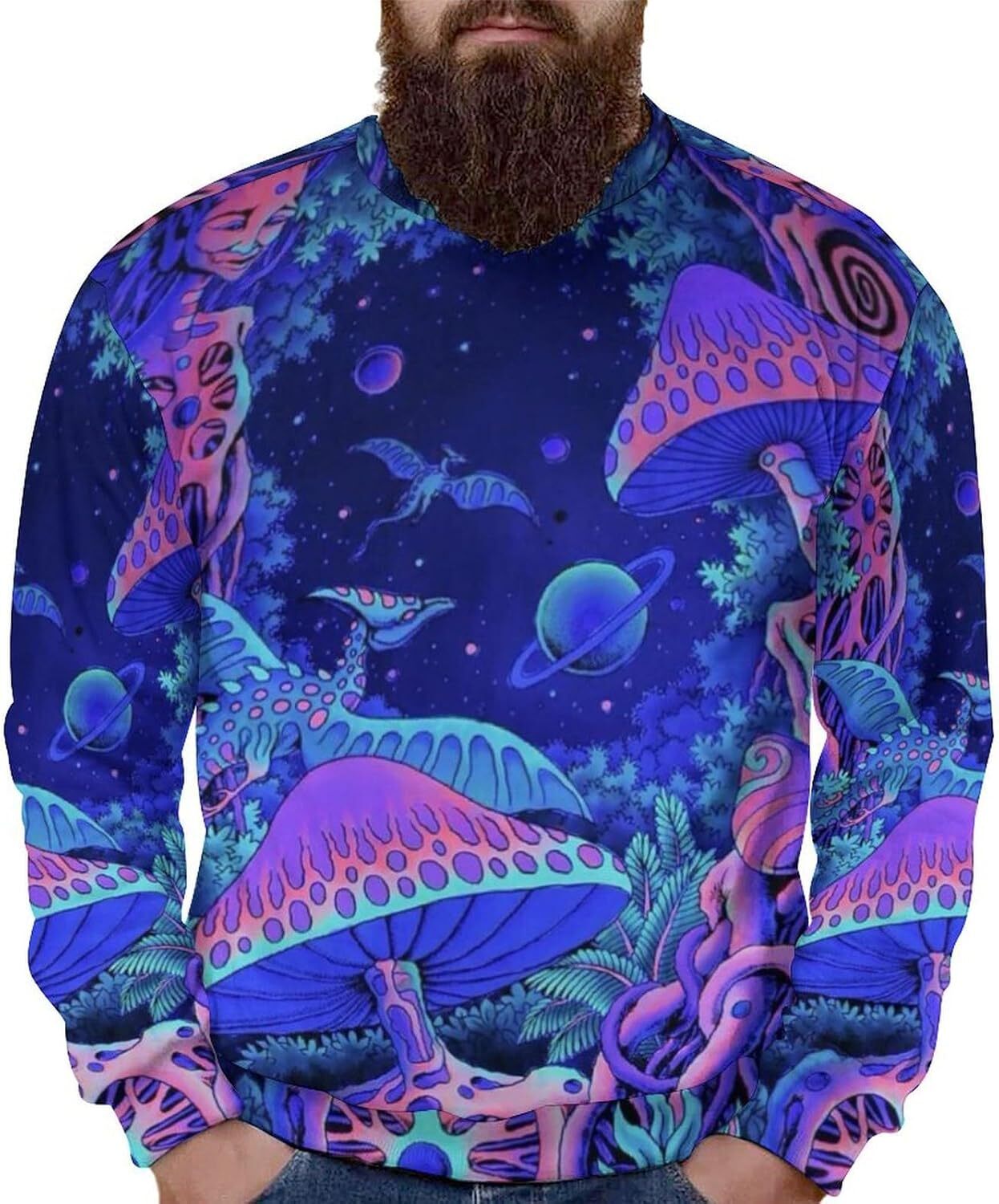 Long Sleeve Shirts for Men sweatshirt Men's Art Colorful Mushroom Raglan Round Neck Long Sleeve Sweatshirt Pullover T shirt Tee Streetwear Casual