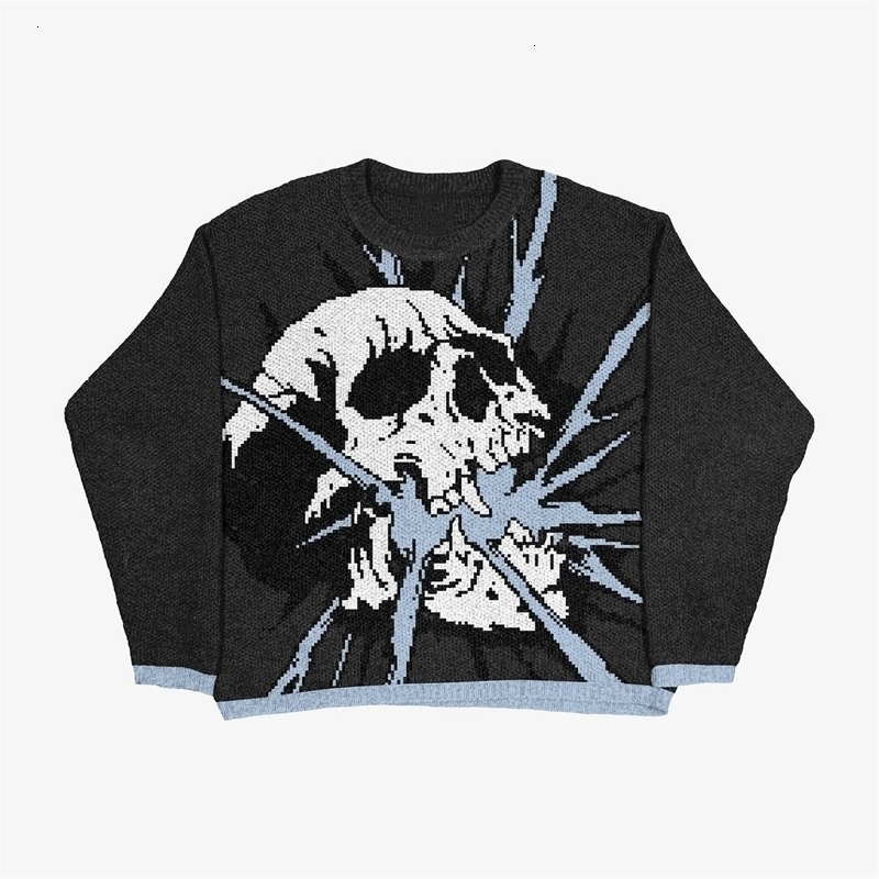 Gothic Hip Hop Streetwear Knitted Sweater Men Skull Print Pullover Women Oversized Autumn Winter Harajuku Cotton 240915