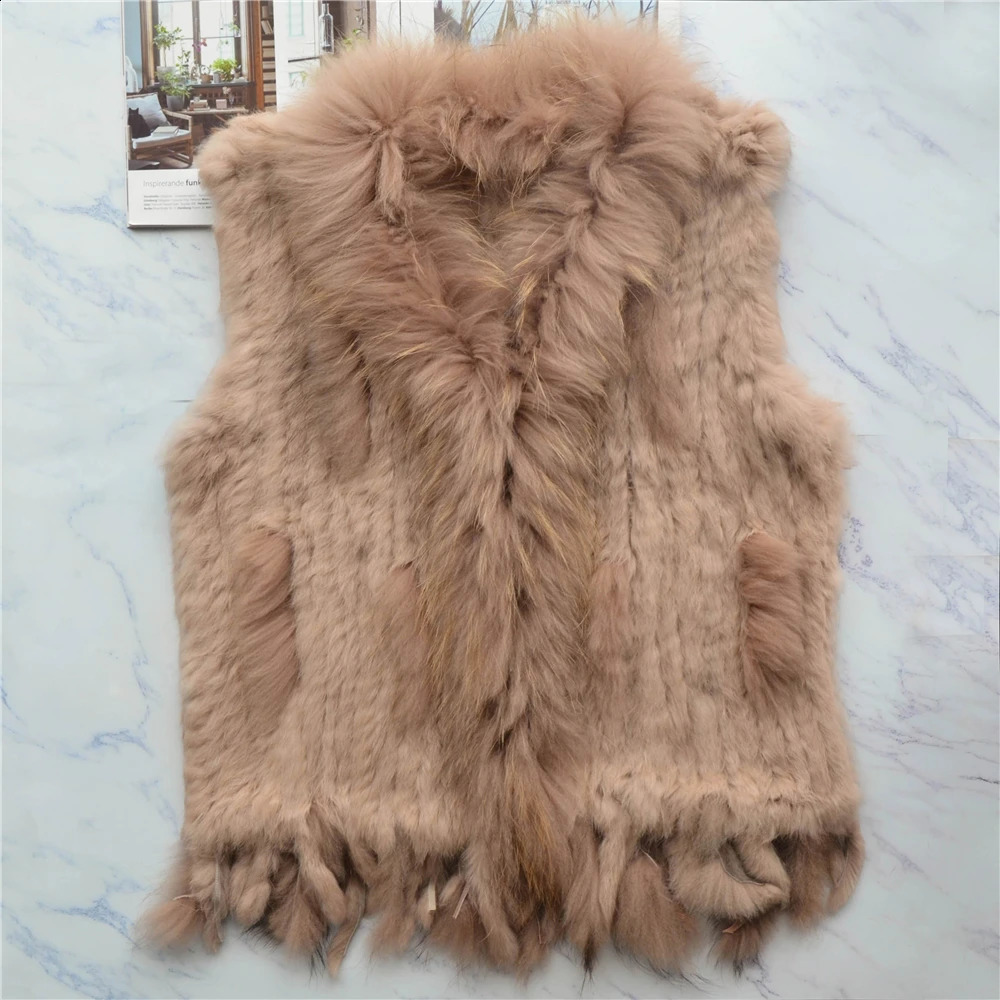 Womens genuine rabbit fur vest tassel coat raccoon fur collar jacket waist clothing wholesale direct 240924