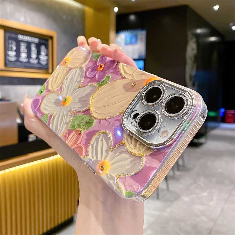 Luxury Fashion Purple Flowers Laser Phone Case For iPhone 16 Pro Max 15 14 13 12 11 Glitter Diamond Soft Shockproof Bumper Cover Z250122