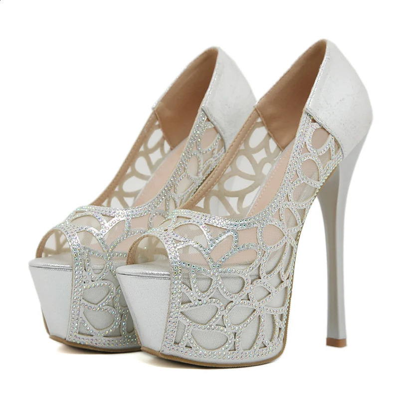 Liyke Elegant Womens Wedding Banquet Shoes Sexy Peep Toes Crystal Water Diamond High Heels Party Stripping Shoes Womens Platform Pump 240925