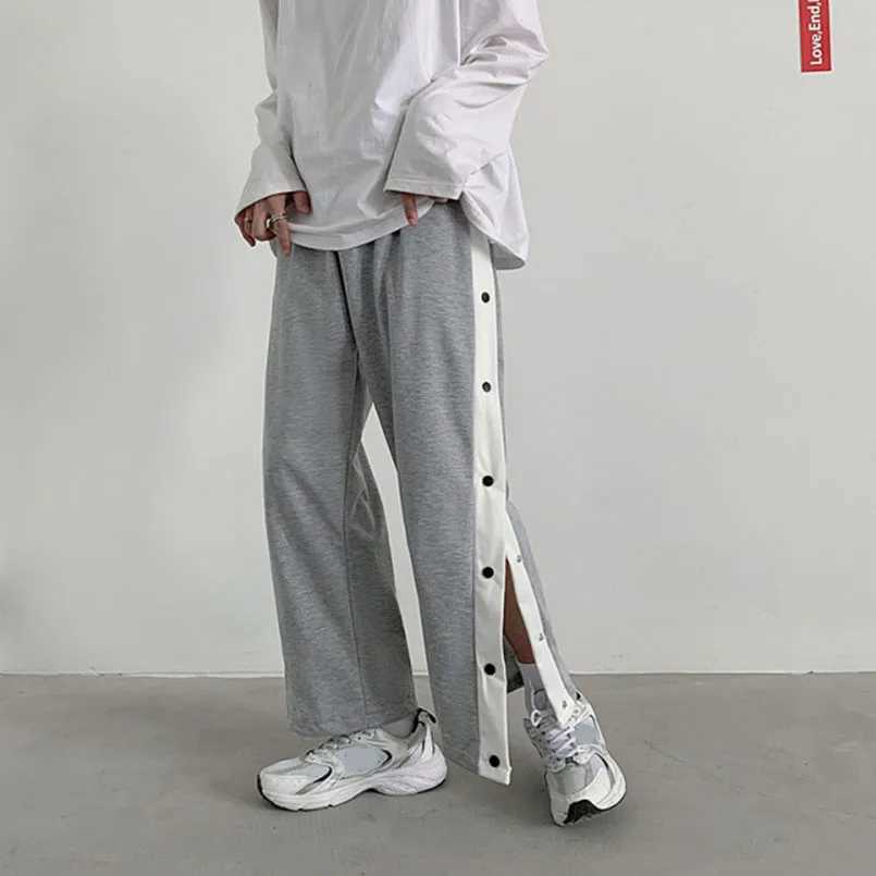 Side Button Sweatpants Men Spring Autumn Sport Jogger Striped Patchwork Wide Leg Jogging Sportswear Fashion Tracksuit StreetwearX241008