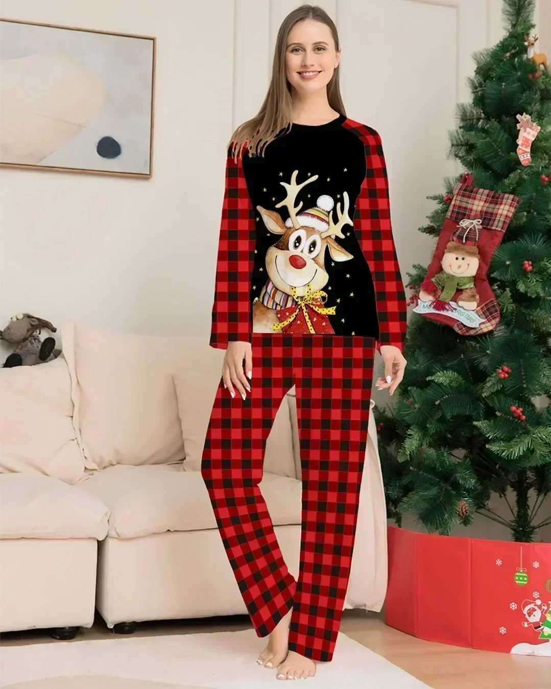 2024 New Years Clothing Christmas Pajama Set Elk Print Mother Father Child Matching Clothing Cute Soft 2-piece Pajama Christmas Appearance W241008