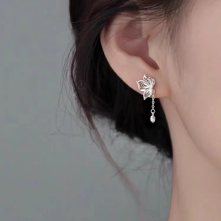 Sier needle small, fresh, sweet tassel, new butterfly earrings, ear bone studs, no need to remove when sleeping