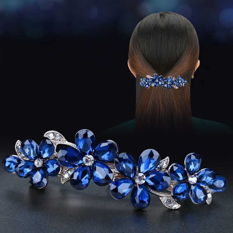Korean Blue Crystal Flower Spring Hair Clip Retro Water Diamond Horizontal Clip Top Grade Clip Elegant Mom Fashion Hair Accessories W241007