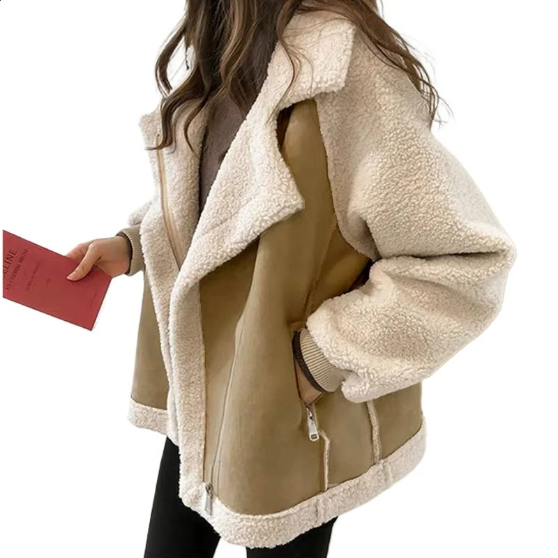 Sheepskin coat model thick warm fur as loose deer velvet jacket womens clothing zipper comfortable skin friendly 241007