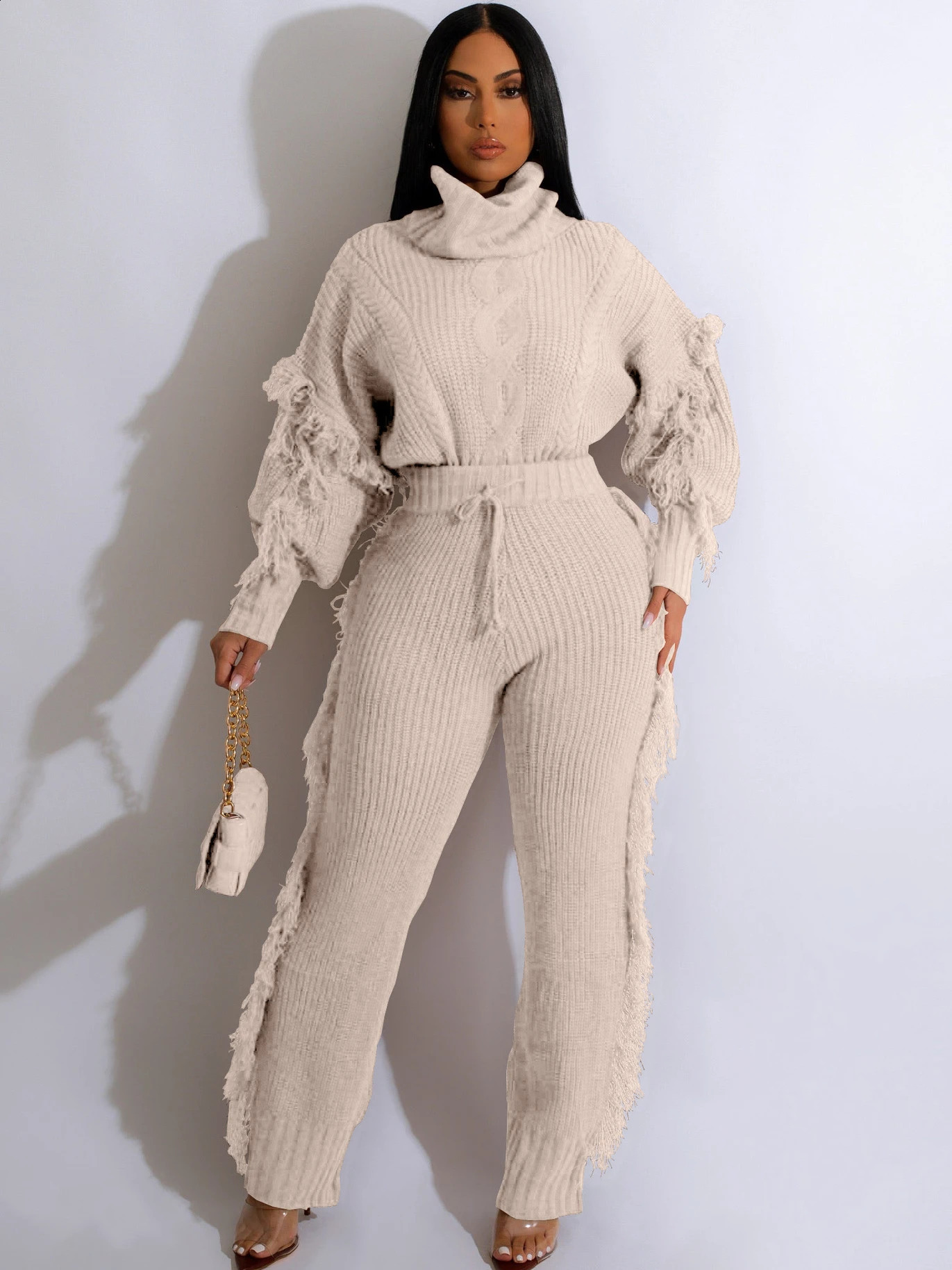 Knitted sweater set womens track suit autumn tassel sleeves navy blue collar mouth floral side pants casual and warm twopiece 241007