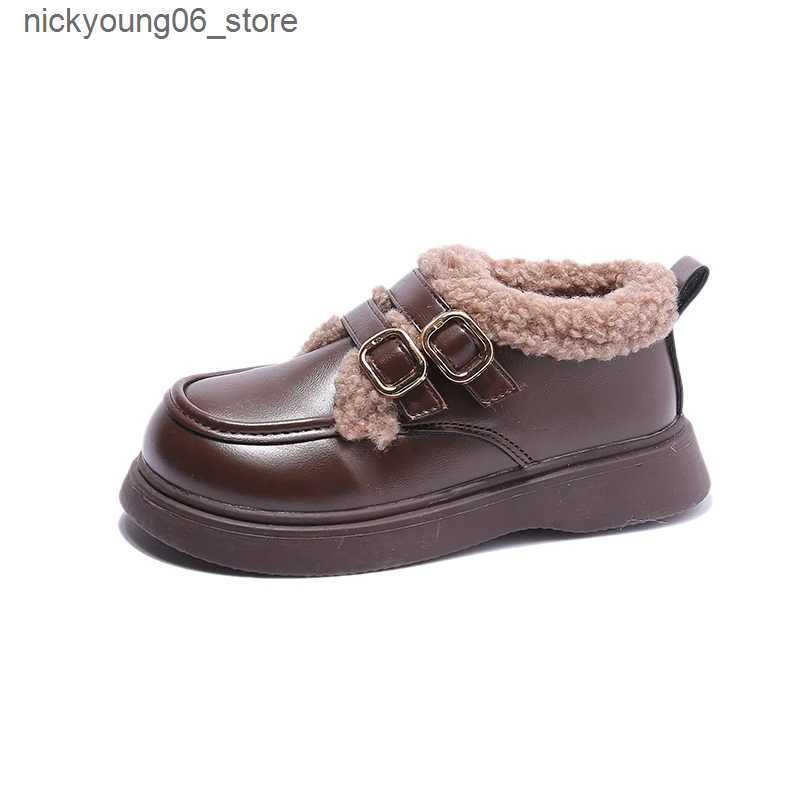 Boots British Style Children Leather Shoes for Girls Winter 2023 Thick Soled Lamb Wool Warm Boys Uniform School Cotton Shoes Plush PU L240910