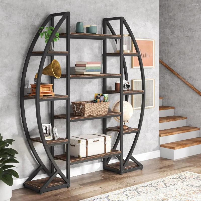 Decorative Plates Oval Bookshelf Triple Wide 5 Tier Etagere Bookcase Industrial Display Shelves For Living Room (Brown 55")