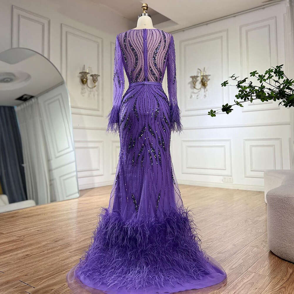Serene Hill Elegant Mermaid Evening Dress Arabic Purple Beaded Feathers | Gown for Women's Wedding Party 2024 LA72367