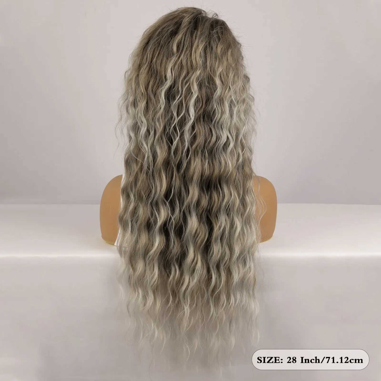 Ombre Ash Blonde Long Water Wave Natural Looking Dark Roots Synthetic Wigs for Women 80s Halloween Carnival Party Wig 28 InchesXJ241008
